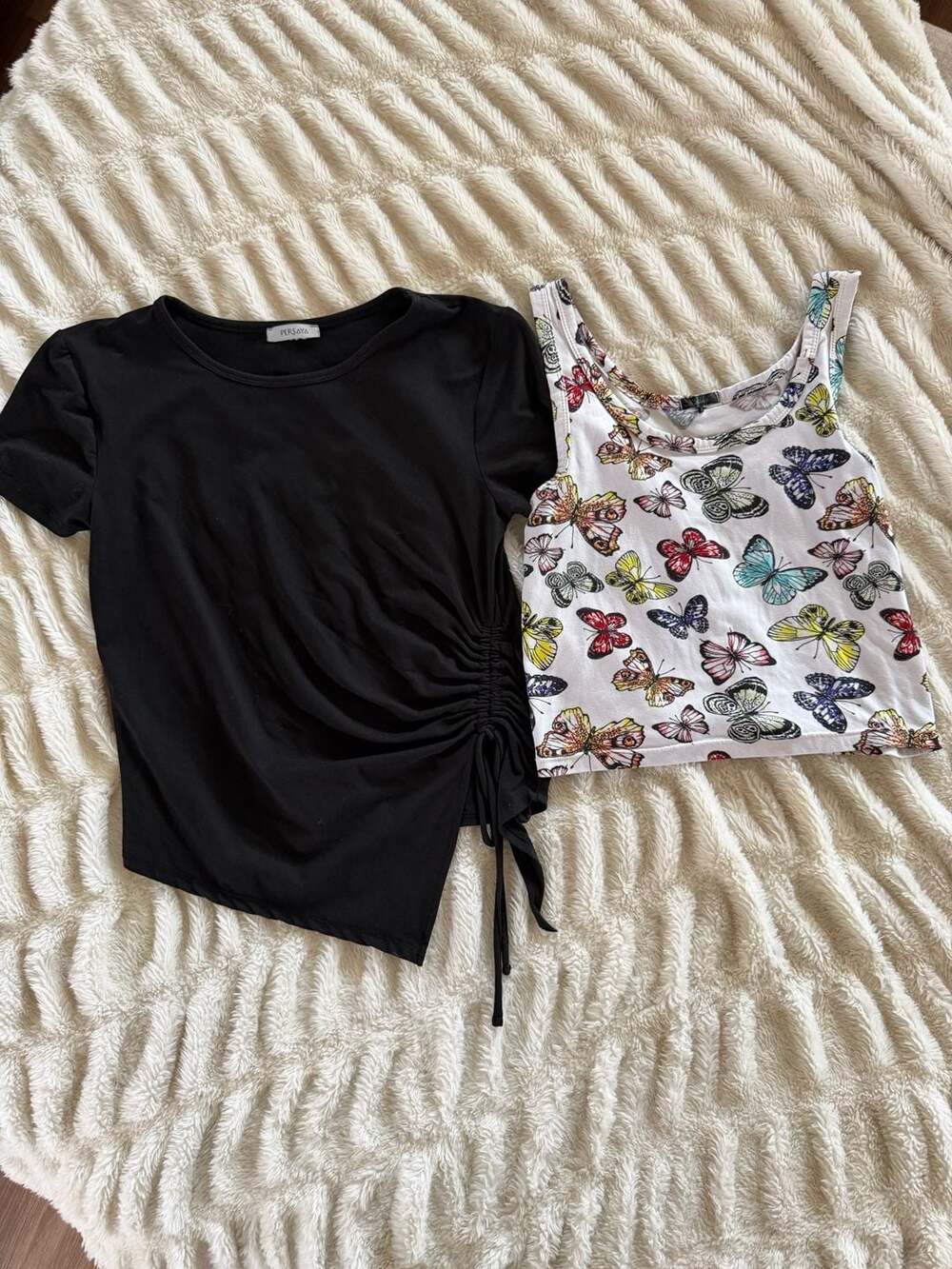 PERSAYA Black Ruched Side Tie T-Shirt and Butterfly Print Tank Top Set - Picture 3 of 5